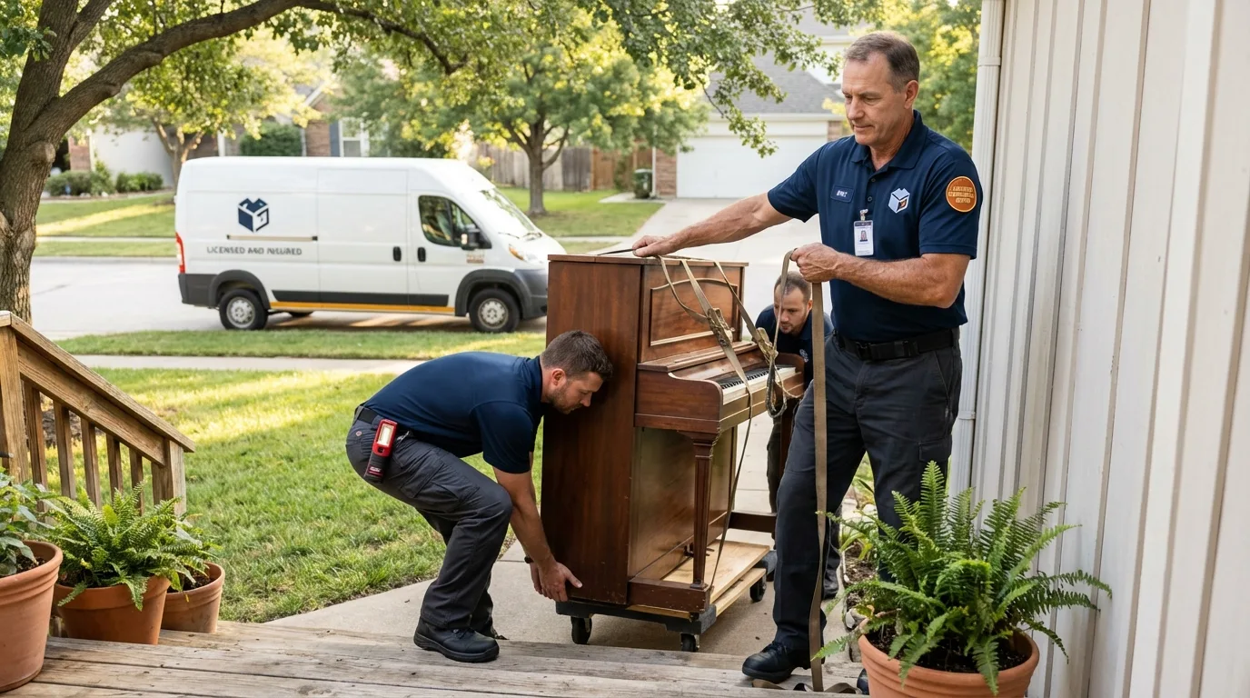 Licensed piano movers securing grand piano in Howard, SD